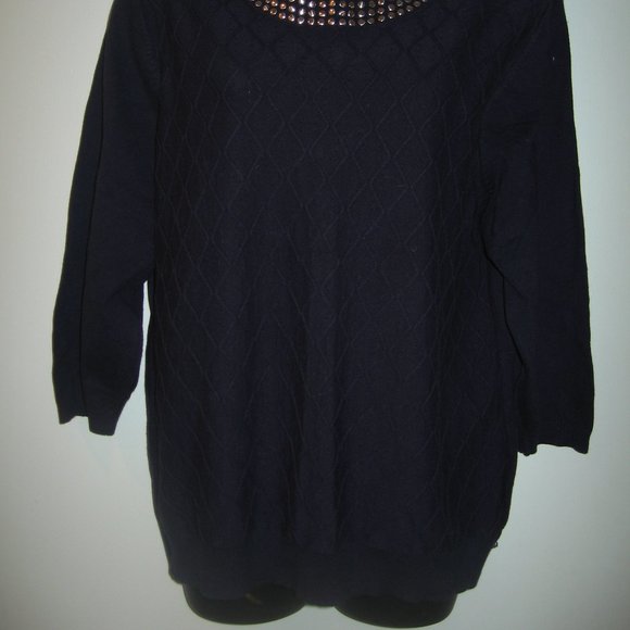 C.D. Daniels Long Blue Sweater Diamond Pattern Studded Collar Short Sleeve - Picture 2 of 4